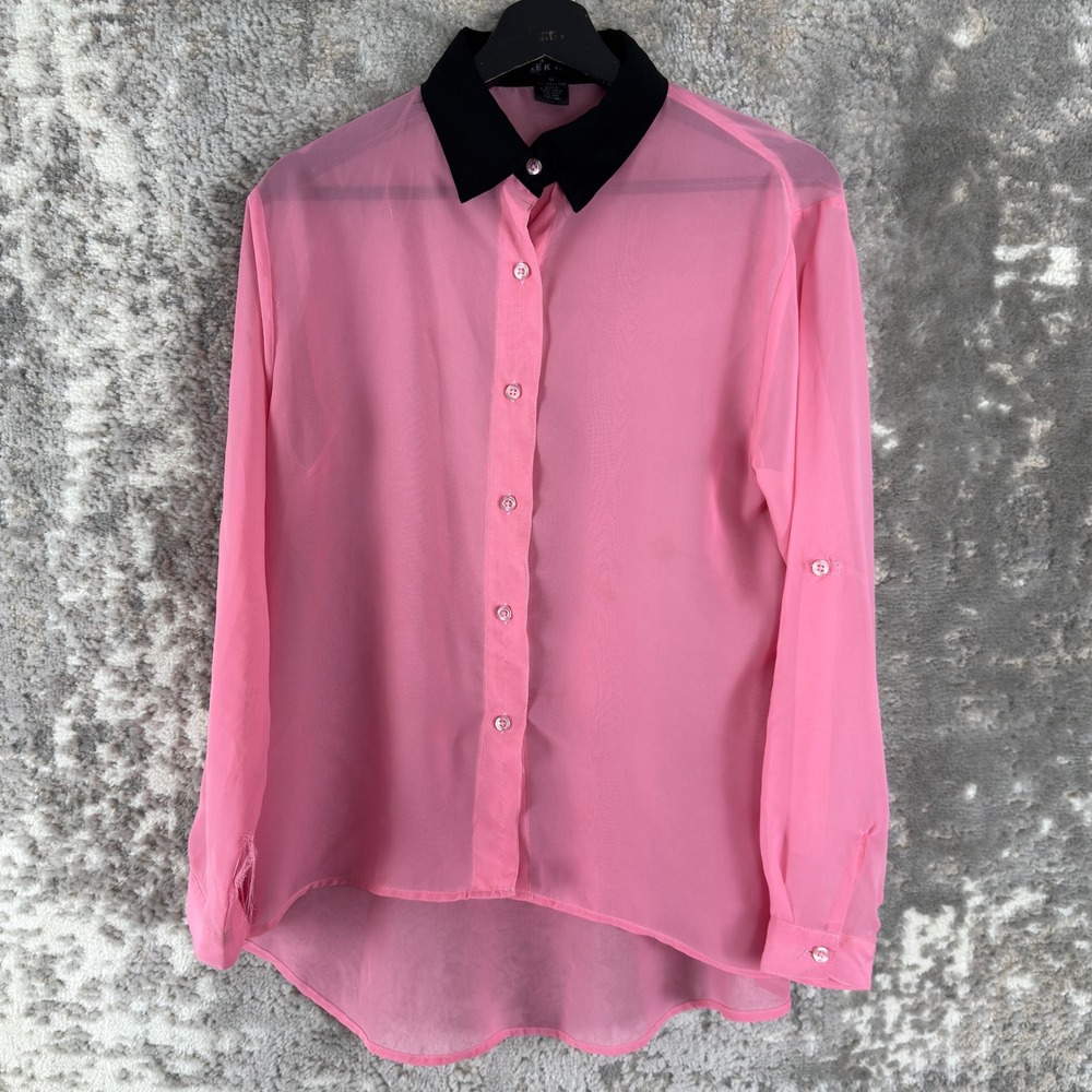 Derek Heart Size M Sheer High Low Contrast Collar Button Up Shirt Pink L/S